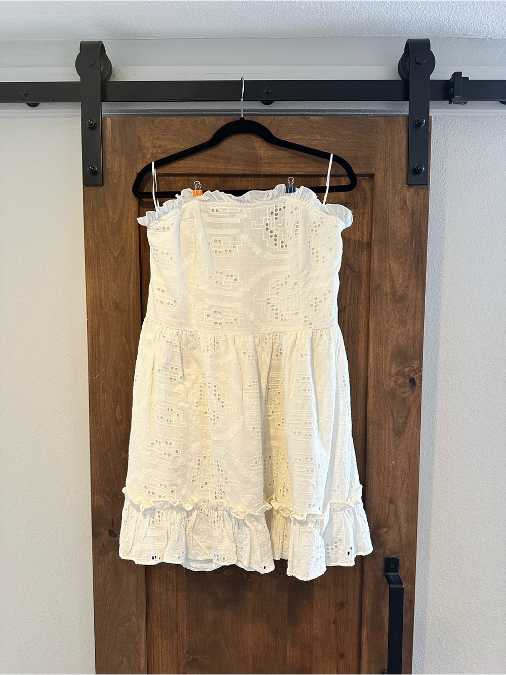 Strapless White Eyelet Summer Dress with Ruffle Hem